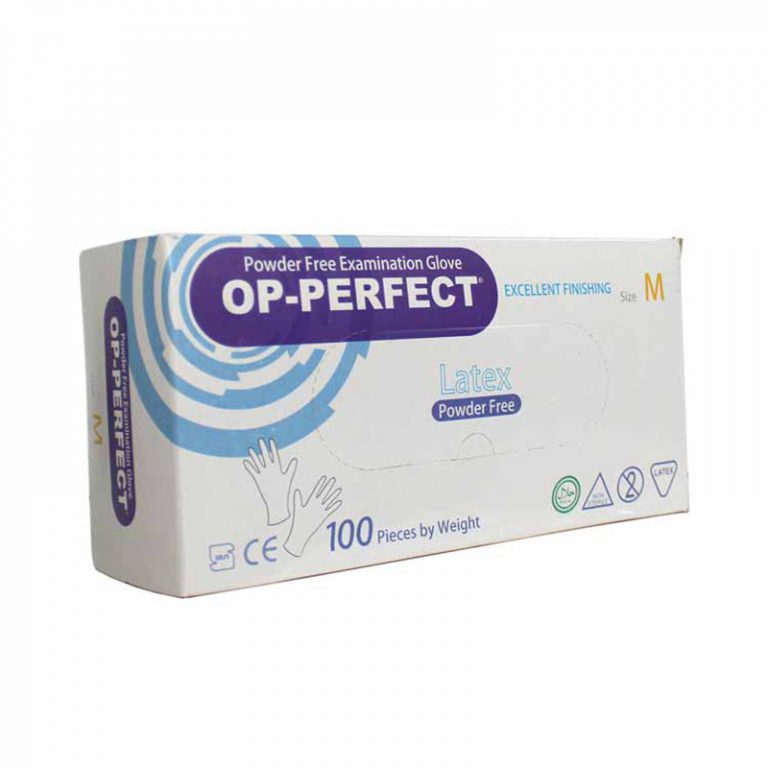 دستکش لاتکس مدل OP-PERFECT بسته 100 عددی سایز مدیوم دستگاه های طبی طلایی