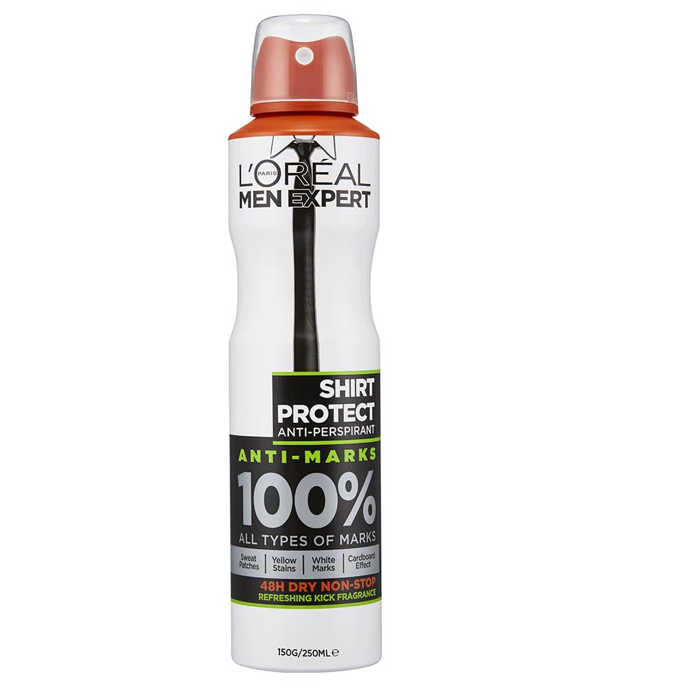 اسپری ضد تعریق مردانه لورآل سری Men Expert مدل Shirt Protect Dry Non-Stop حجم 250 میلی لیتر اسپری ضد تعریق طلایی