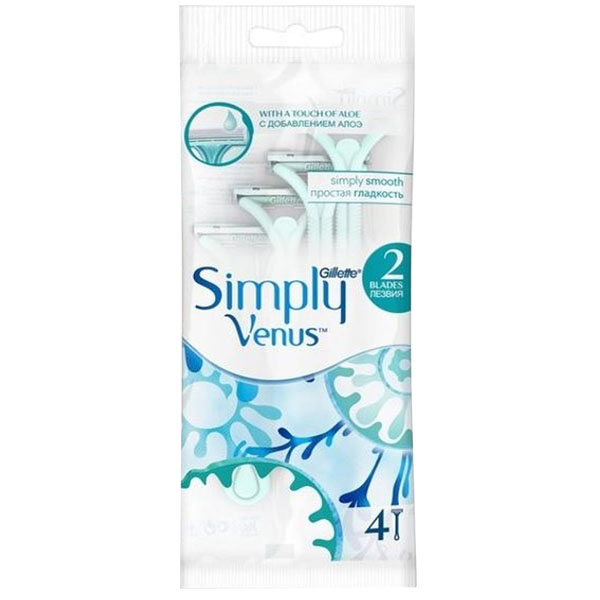 خودتراش ژیلت مدل Simply Venus Blue بسته 4 عددی تیغ و یدک اصلاح طلایی