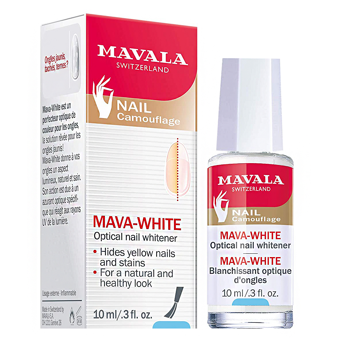 لاک روشن کننده رنگ ناخن ماوالا مدل MAVAWHITE حجم 10 میلی لیتر تقویت کننده ناخن طلایی
