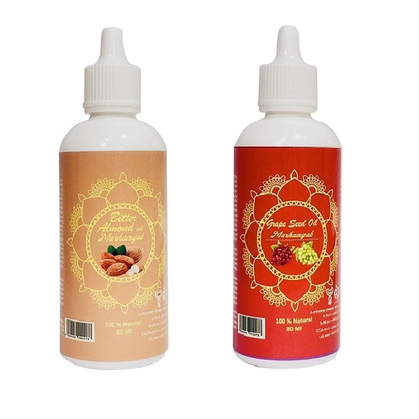 روغن تقویت کننده ناخن مرهم یاب مدل هسته انگور و بادام تلخ حجم 80 میلی لیتر مجموعه 2 عددی تقویت کننده ناخن طلایی