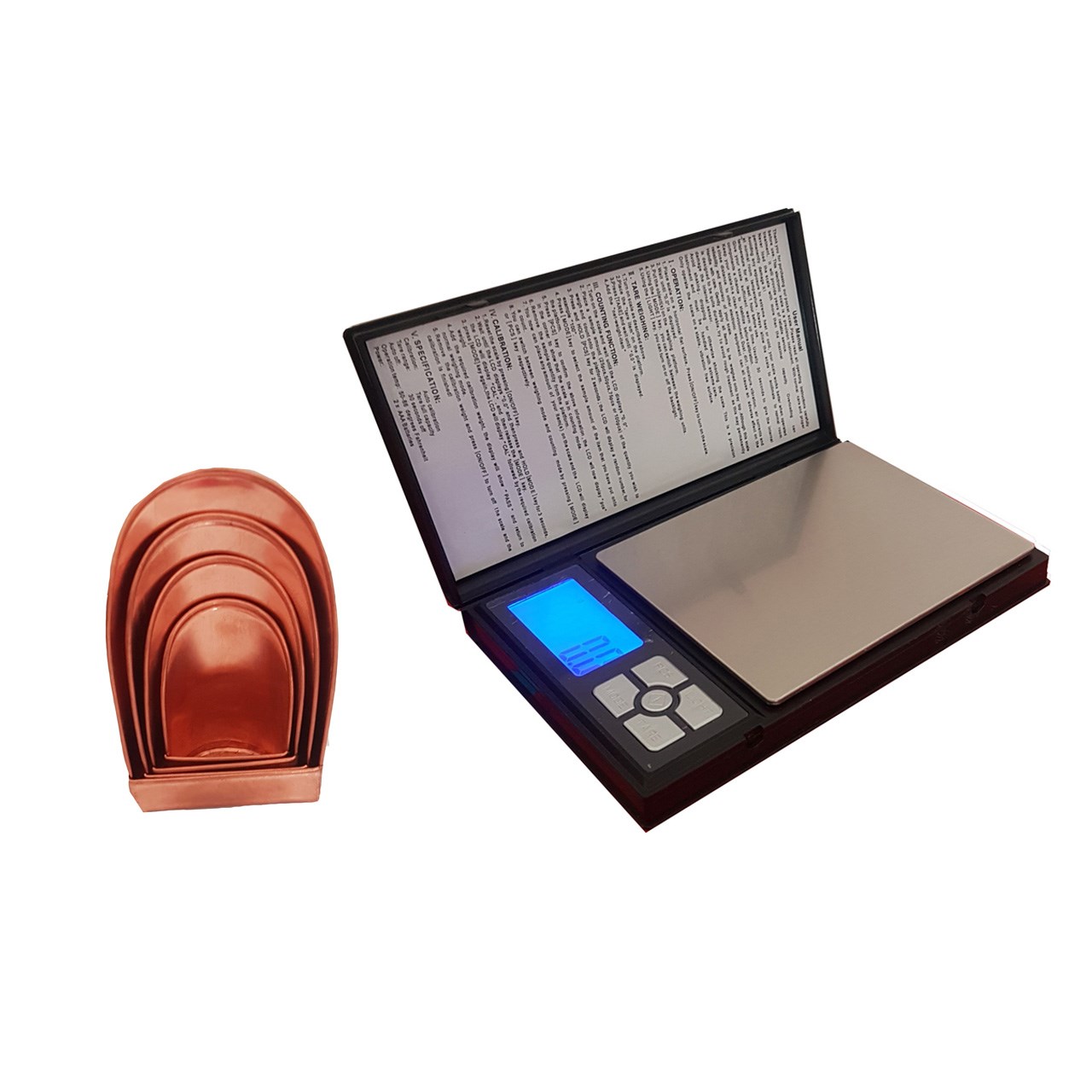 ترازو دیجیتال مدل NOTEBOOK به همراه ست 4 عددی پیمانه ترازو طلایی