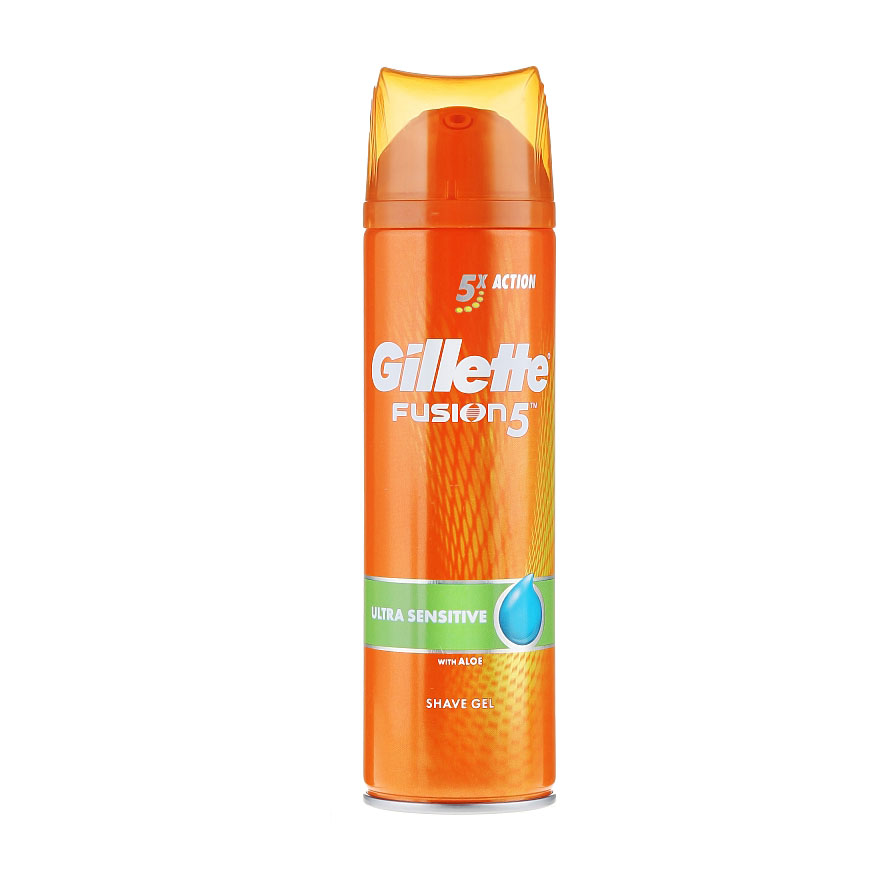 ژل اصلاح ژیلت مدل Fusion5 Ultra Sensitive حجم 200 میلی لیتر ژل و فوم اصلاح طلایی
