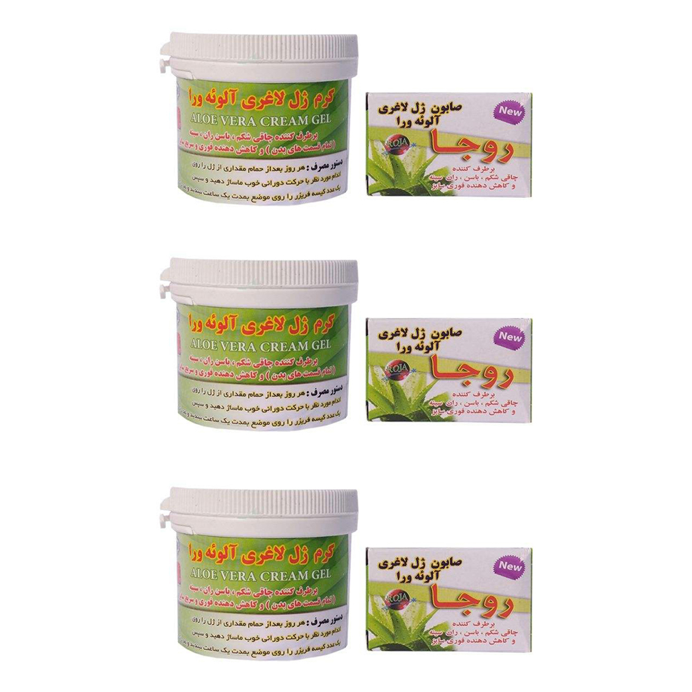 کرم ژل لاغری آلوئه ورا روجا مدل Aloe vera حجم 100 میل لیتر به همراه صابون لاغری مدل آلوئه ورا وزن 100 گرم مجموعه 6 عددی کرم لاغری طلایی