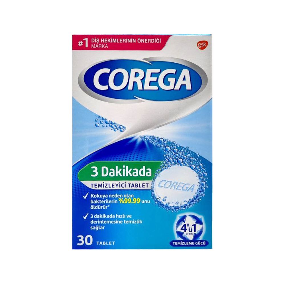 قرص تمیز کننده دندان مصنوعی کورگا مدل Dakikada 3 بسته 30 عددی خمیر دندان طلایی