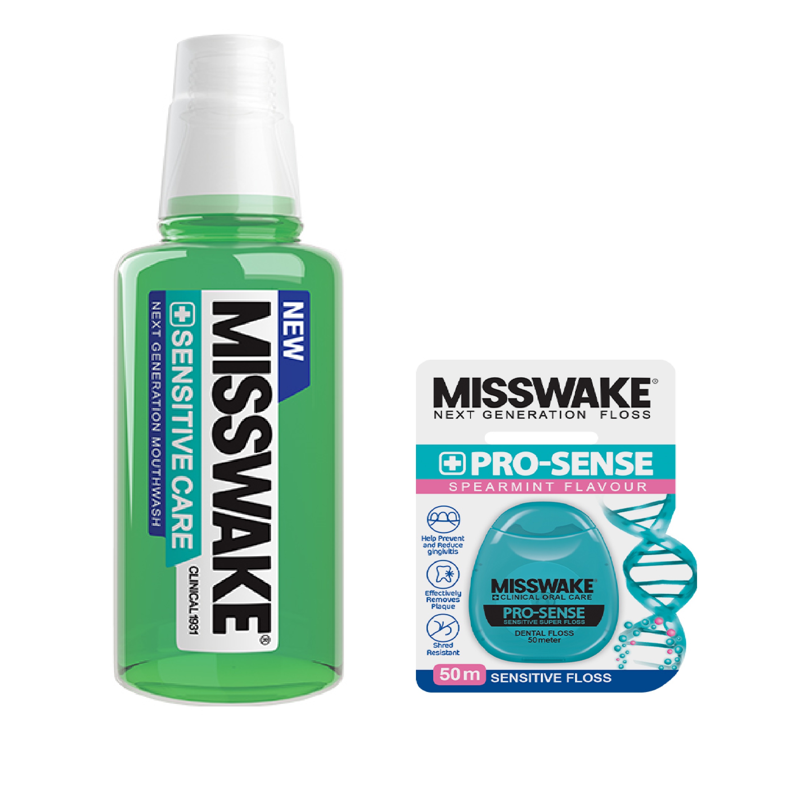 دهان شویه میسویک مدل Sensitive Care حجم 400 میلی لیتر به همراه نخ دندان مدل Pro Sense دهان شویه طلایی