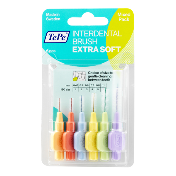 مسواک بین دندانی ته‌په مدل ExtraSoftMixedPack با برس بسیار نرم سایز 1 تا 6 بسته 6 عددی مسواک طلایی