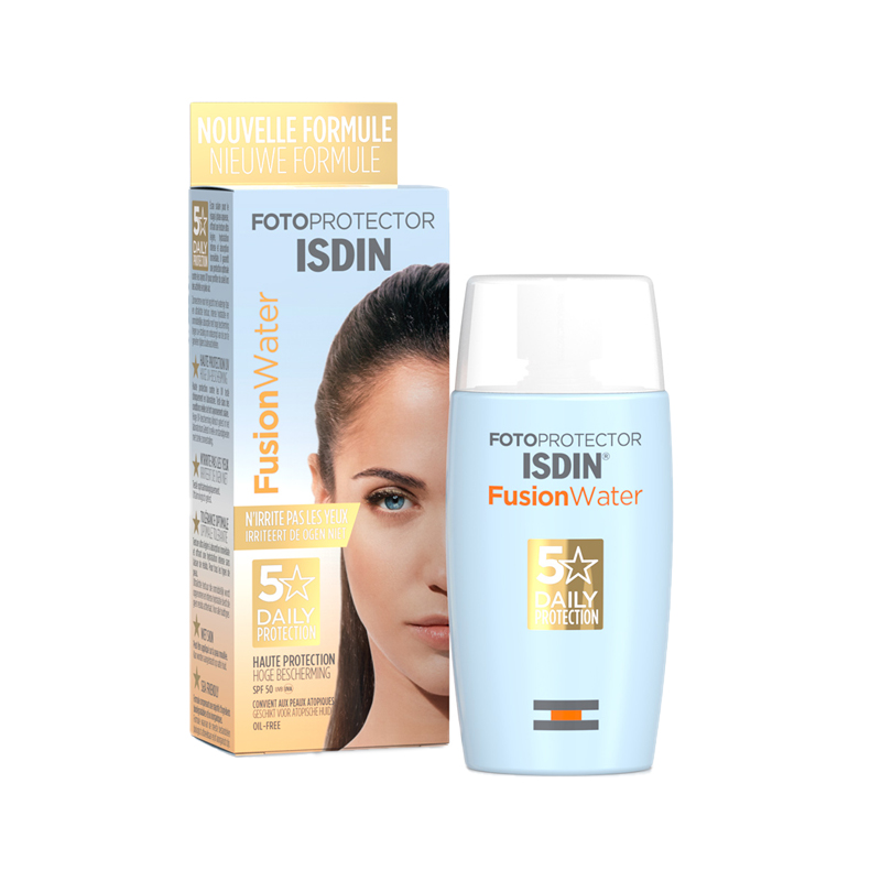 کرم ضد آفتاب بی رنگ ایزدین SPF50 مدل Fusion Water 5 Daily مناسب انواع پوست حجم 50 میلی لیتر کرم ضد آفتاب طلایی