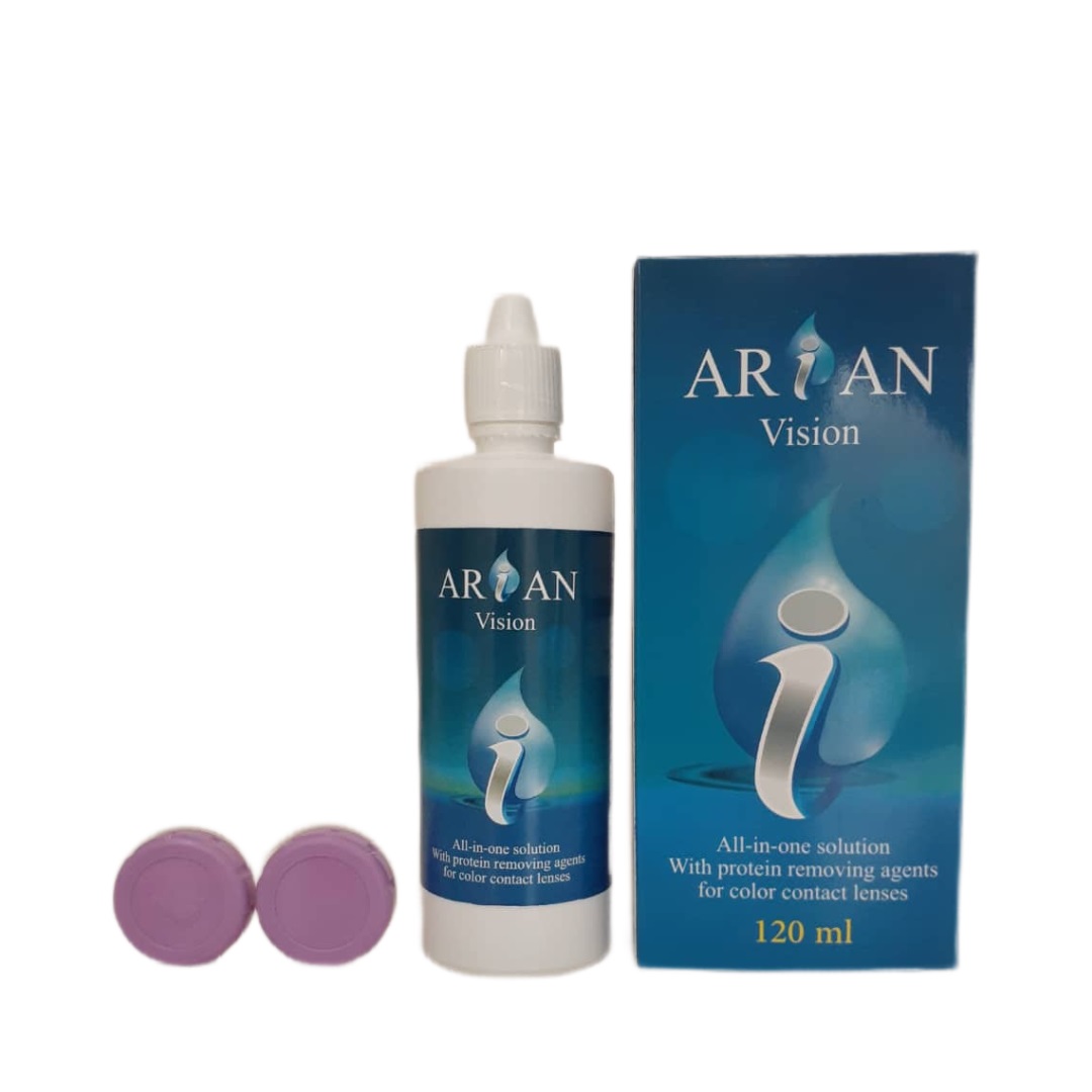 محلول شستشوی لنز آرین ویژن مدل All In One Solution حجم 120 میلی لیتر مکمل تجهیزات پزشکی طلایی