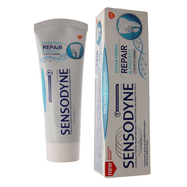 خمیر دندان سنسوداین سری REPAIR مدل Extra Fresh حجم 75 میلی لیتر خمیر دندان طلایی