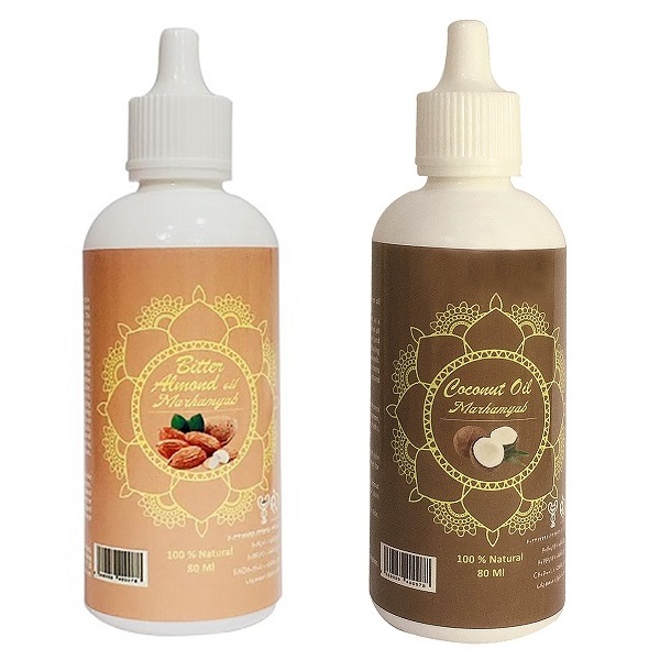 روغن تقویت کننده ناخن مرهم یاب مدل نارگیل و بادام تلخ حجم  80 میلی لیتر مجموعه 2 عددی تقویت کننده ناخن طلایی