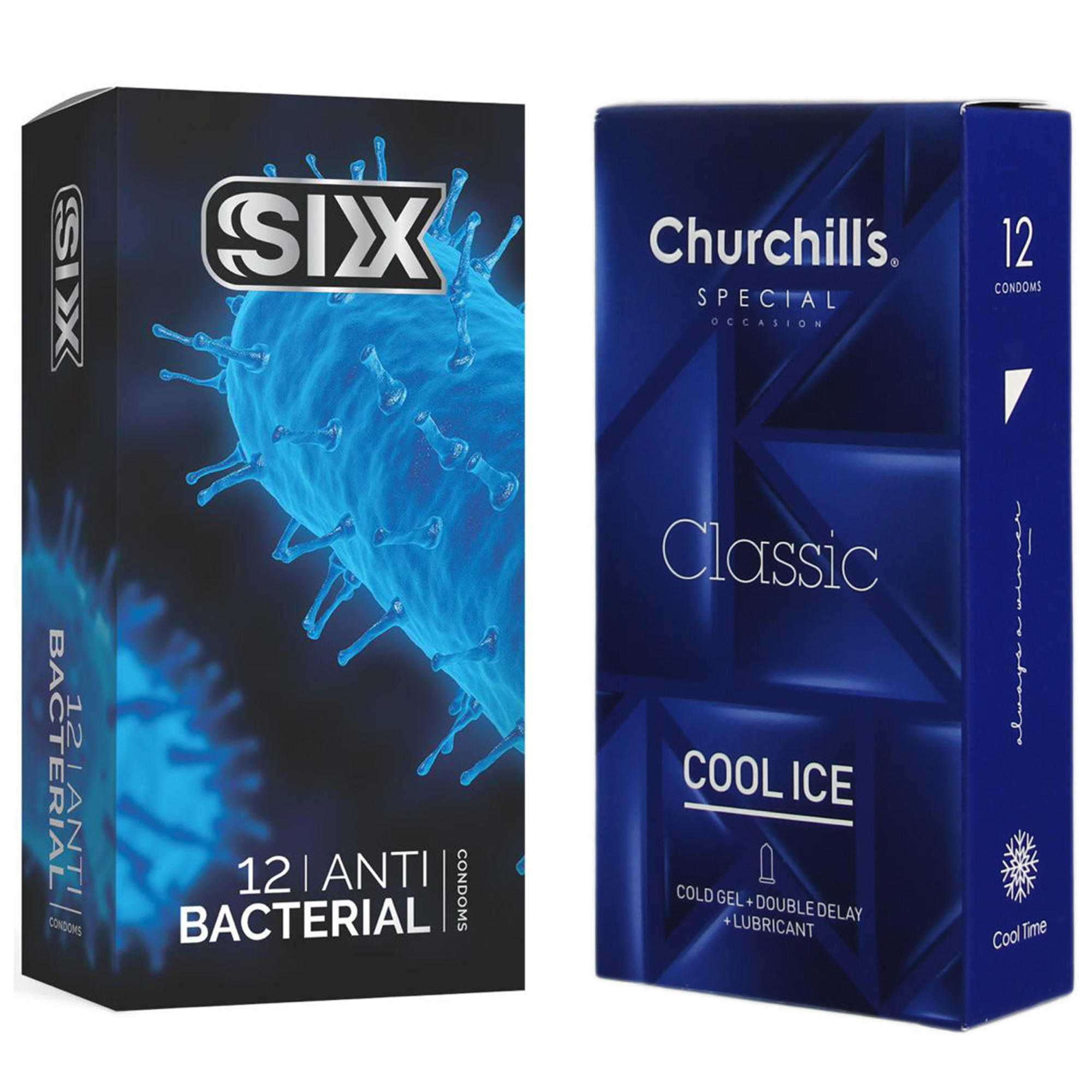 کاندوم چرچیلز مدل Cool Ice بسته 12 عددی به همراه کاندوم سیکس مدل آنتی باکتریال بسته 12 عددی کاندوم طلایی