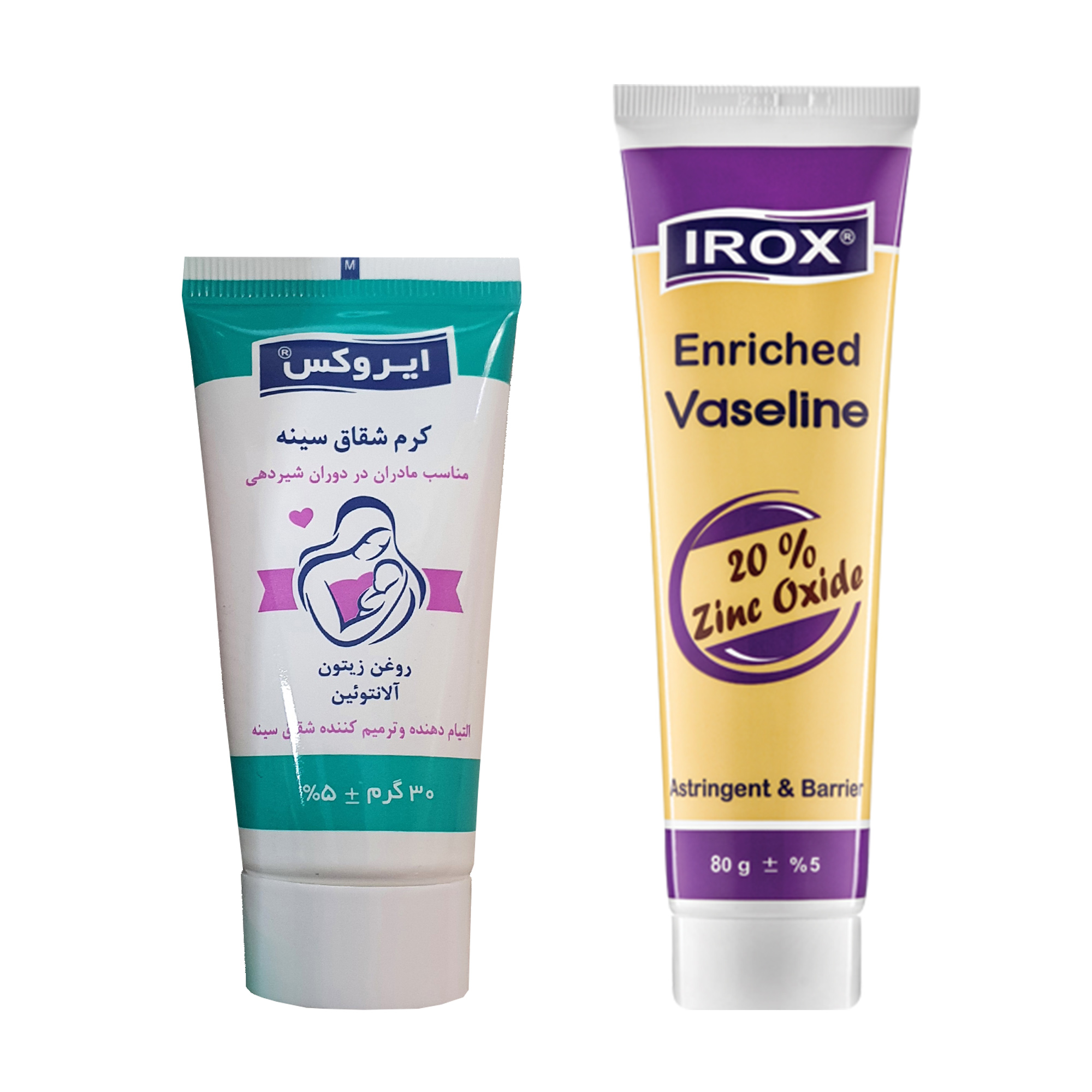 کرم ترمیم کننده ایروکس مدل Zinc Oxide حجم 80 میلی لیتر به همراه کرم شقاق سینه ایروکس مدل Soothing وزن 30 گرم کرم و ژل ترمیم کننده طلایی
