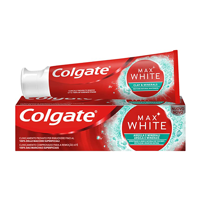 خمیر دندان کلگیت سری MAX WHITE مدل ARGILA E MINERALS حجم 75 میلی لیتر خمیر دندان طلایی