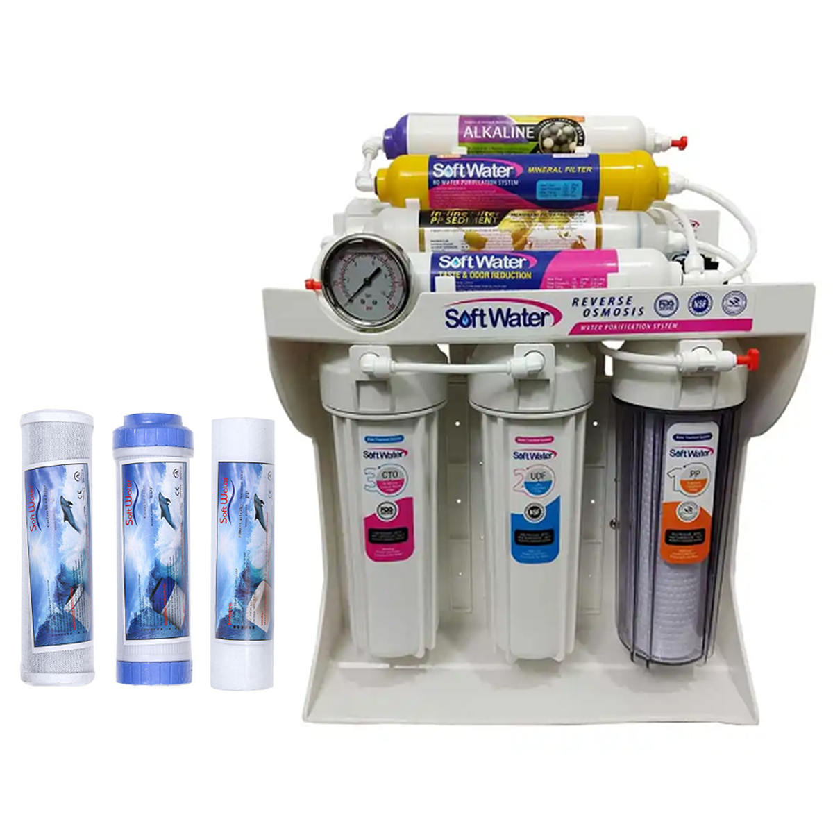 دستگاه تصفیه کننده آب سافت واتر مدل sw-11 به همراه فیلتر تصفیه آب مدل 3s-pack محموعه 3 عددی سلامت محیط طلایی