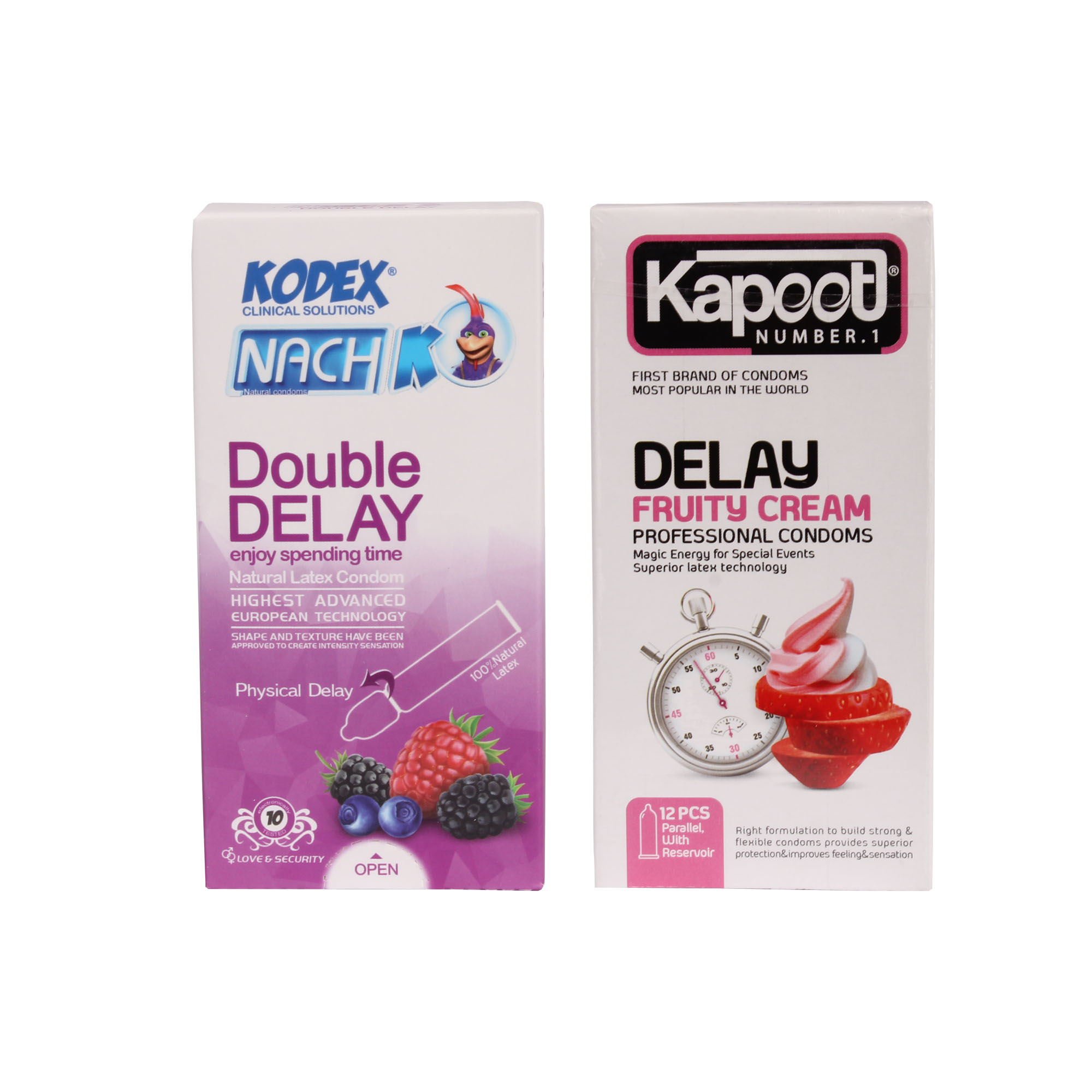 کاندوم کاپوت مدل Delay Fruity بسته 12 عددی به همراه کاندوم ناچ کدکس مدل Double Delay بسته 10 عددی کاندوم طلایی