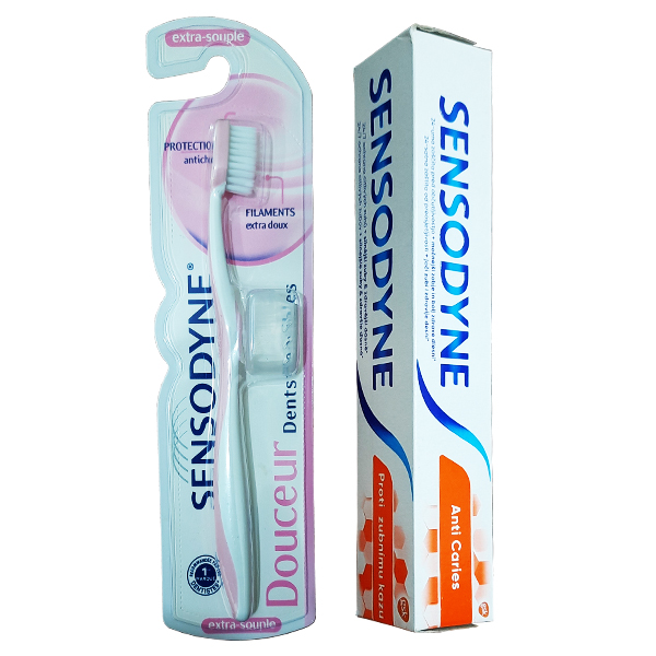 خمیر دندان سنسوداین مدل Anti Caries حجم 75 میلی لیتر به همراه مسواک سنسوداین مدل Douceur با برس خیلی نرم خمیر دندان طلایی