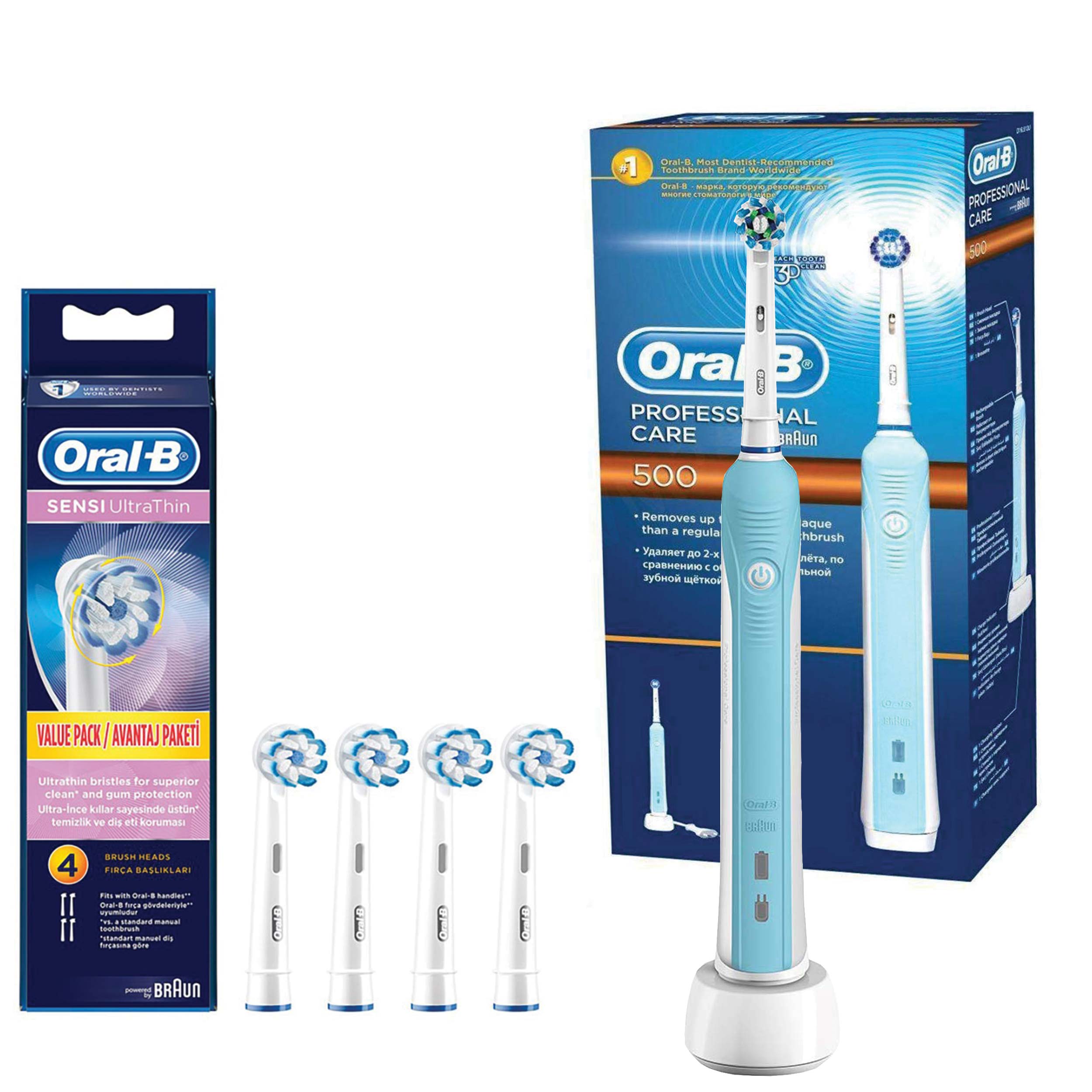 مسواک برقی اورال-بی مدل Professional Care 500 به همراه سری یدک مسواک برقی اورال بی مدل Oral-B Sensi UltraThin بسته 4 عددی مسواک برقی طلایی